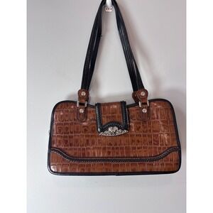 M.C. Brown Crocodile Embossed Leather Shoulder‎ Bag Tote Purse Silver Heart